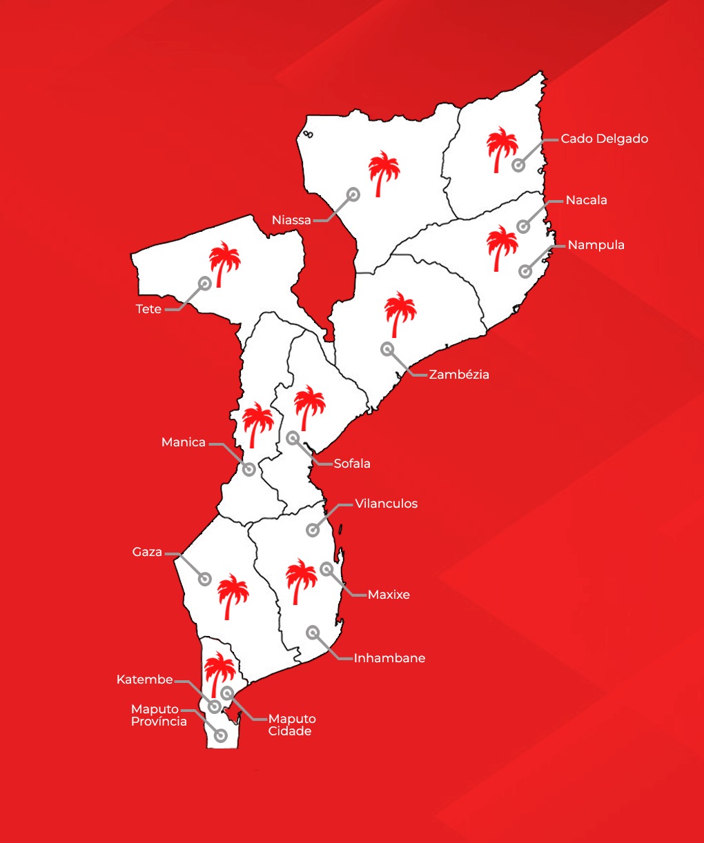 Mapa de Moçambique com a presença da Palma Companhia de Seguros em todas as capitais provinciais