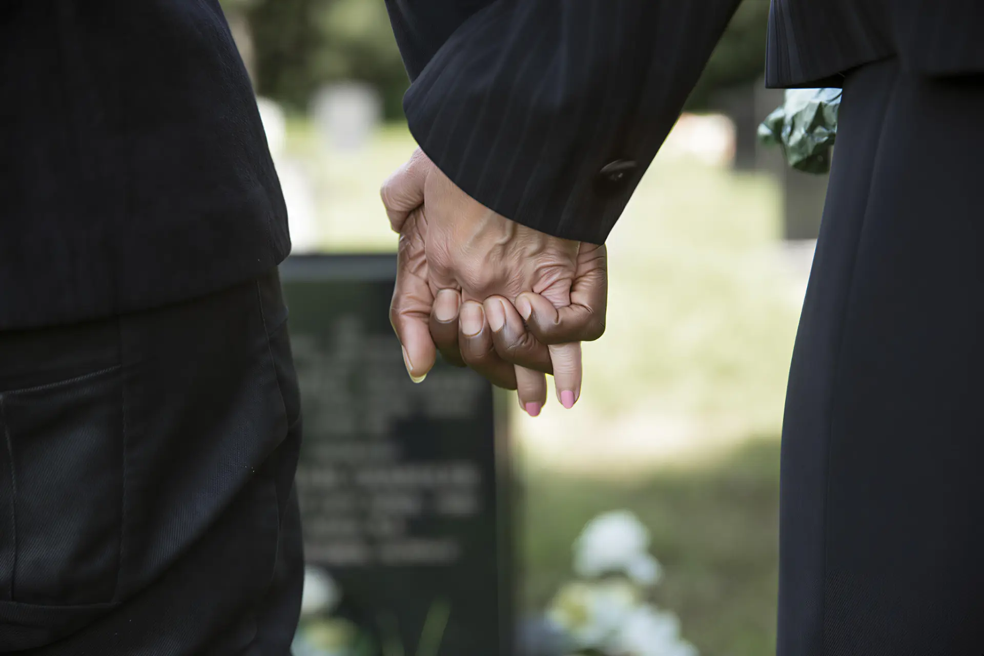 Pessoas de luto de mãos dadas num cemitério