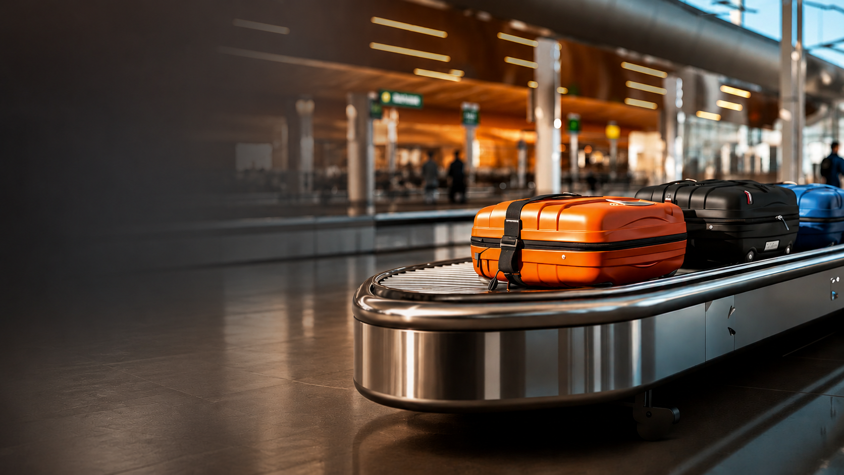 Mala de viagem premium num ambiente internacional, com avião a partir ao fundo