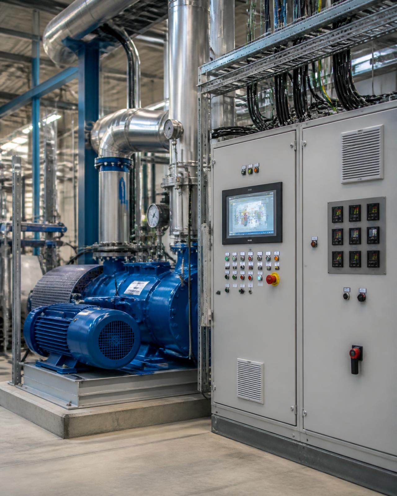 Equipamento industrial e quadros de comando eléctrico em funcionamento