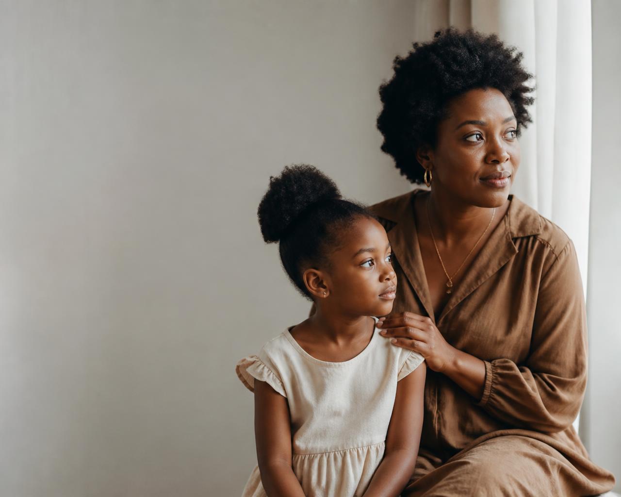 Mãe e filha num ambiente sereno, representando protecção de saúde familiar