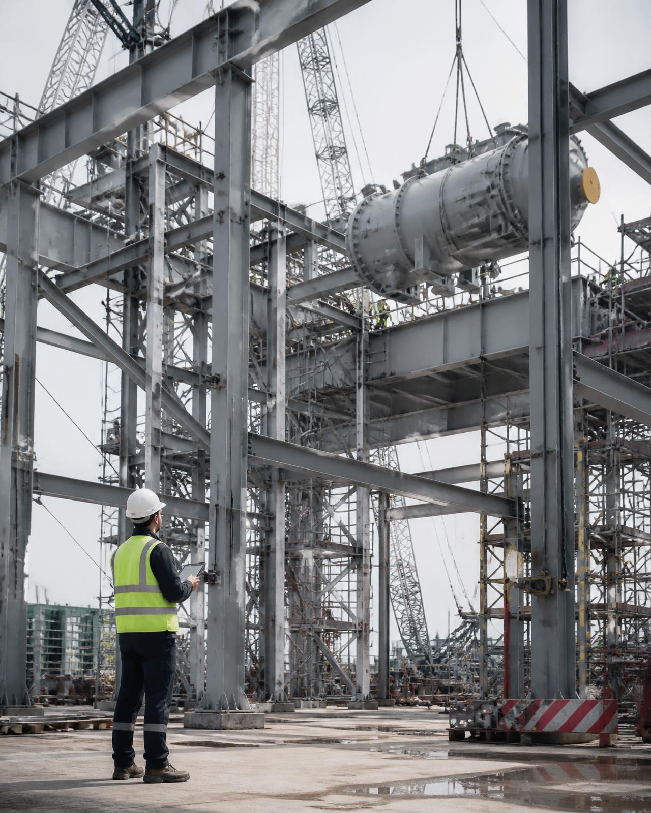 Montagem de estrutura metálica num projecto industrial de grande escala
