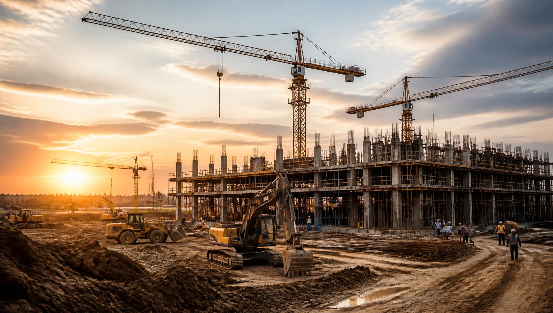 Grande projecto de construção em execução com gruas e maquinaria pesada