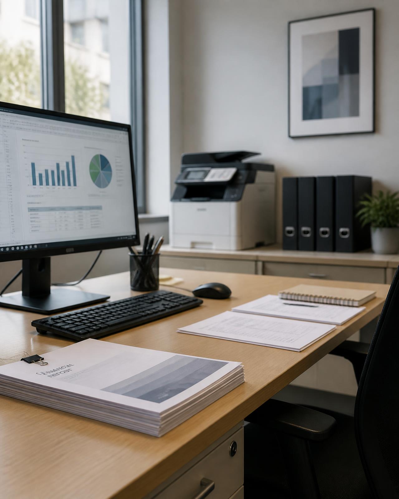 Posto de trabalho com computador, documentos impressos, mobiliário e equipamentos de escritório