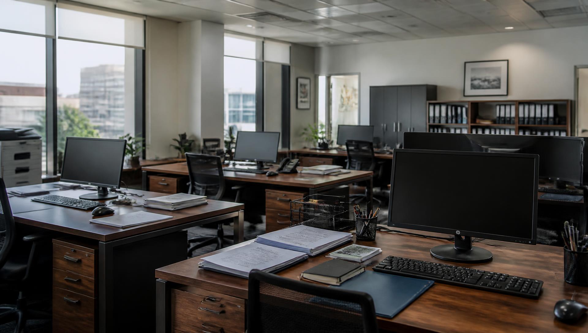 Escritório corporativo moderno com computadores, mobiliário e documentos organizados