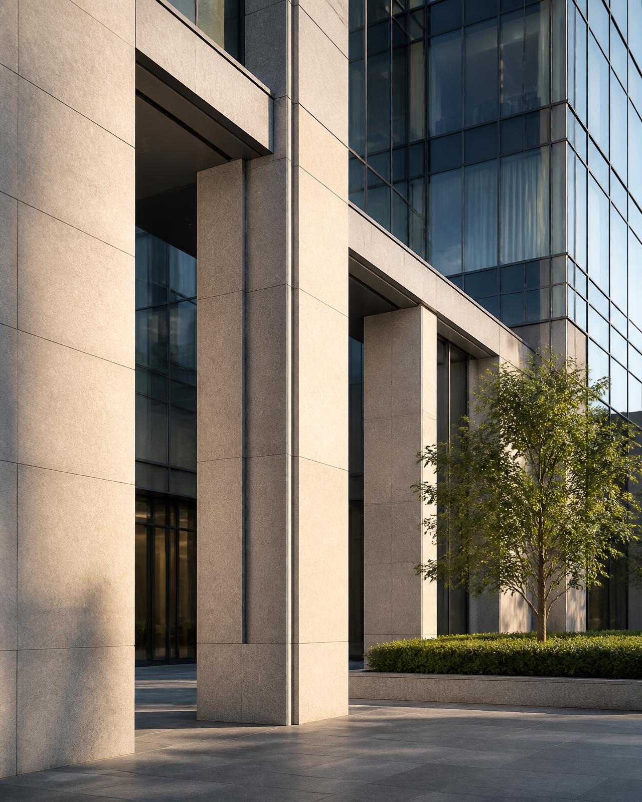 Fachada em pedra e vidro de um edifício empresarial moderno