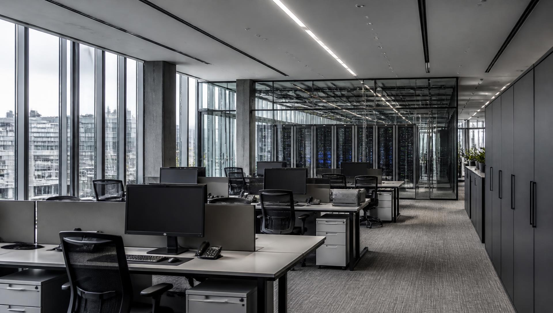 Escritório corporativo moderno com computadores, monitores e infra-estrutura tecnológica