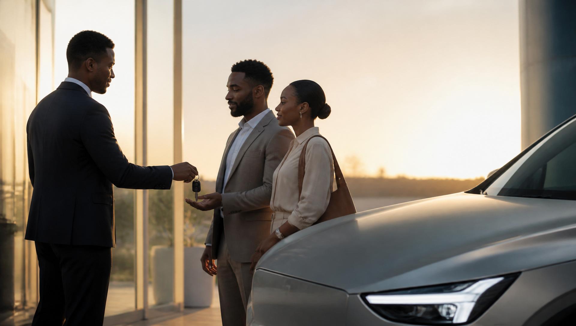 Entrega de chaves de um automóvel a um novo proprietário em Moçambique, ao pôr do sol