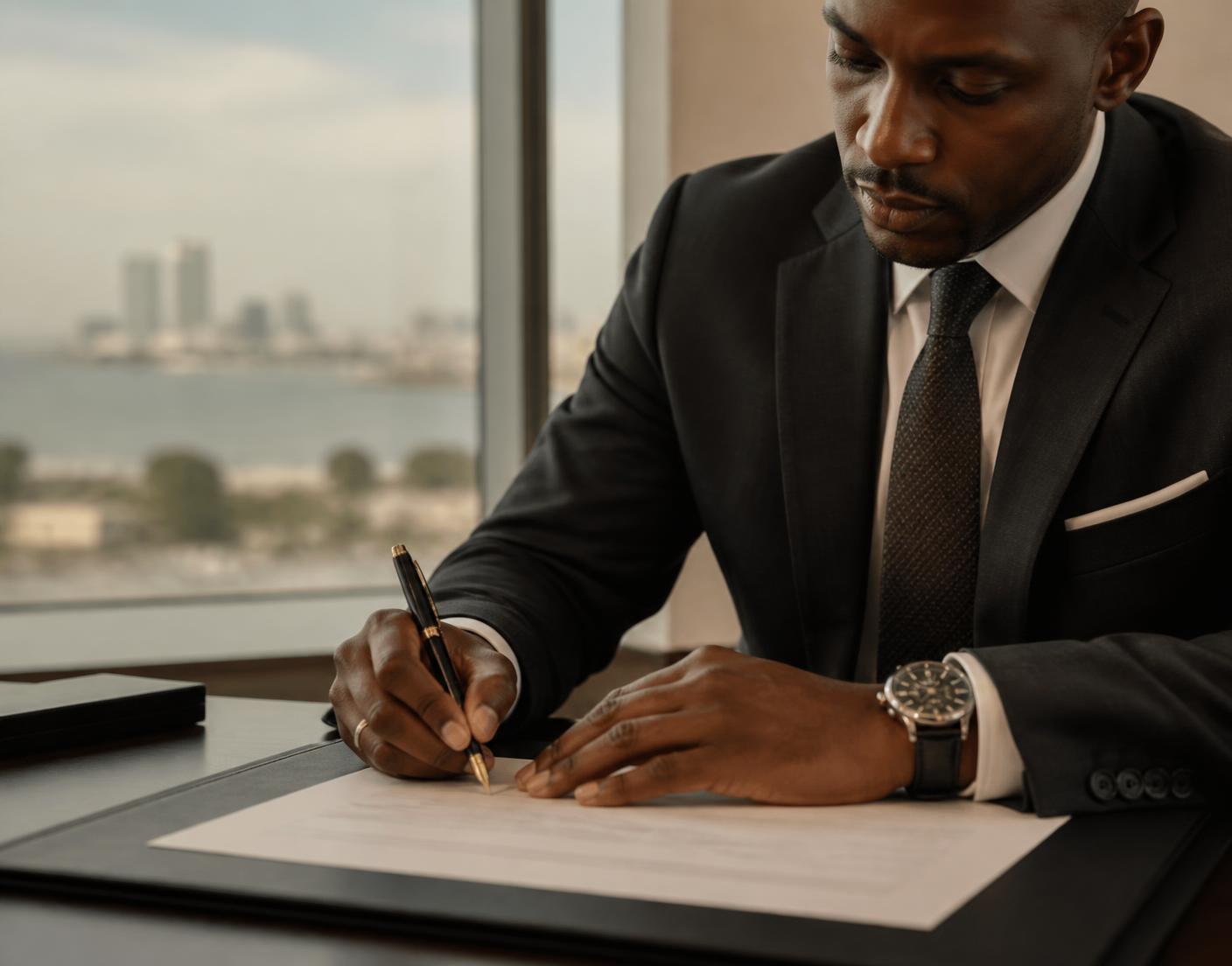 Executivo a assinar um contrato empresarial num escritório em Maputo