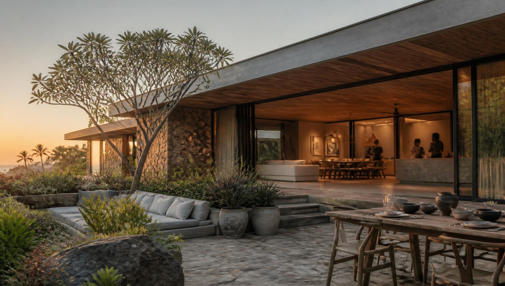 Residência contemporânea em Moçambique ao pôr do sol