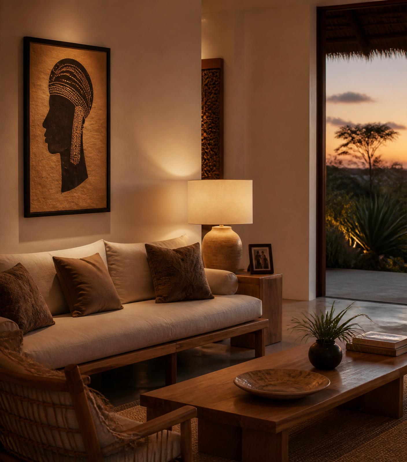 Interior moçambicano contemporâneo, materiais naturais e luz quente
