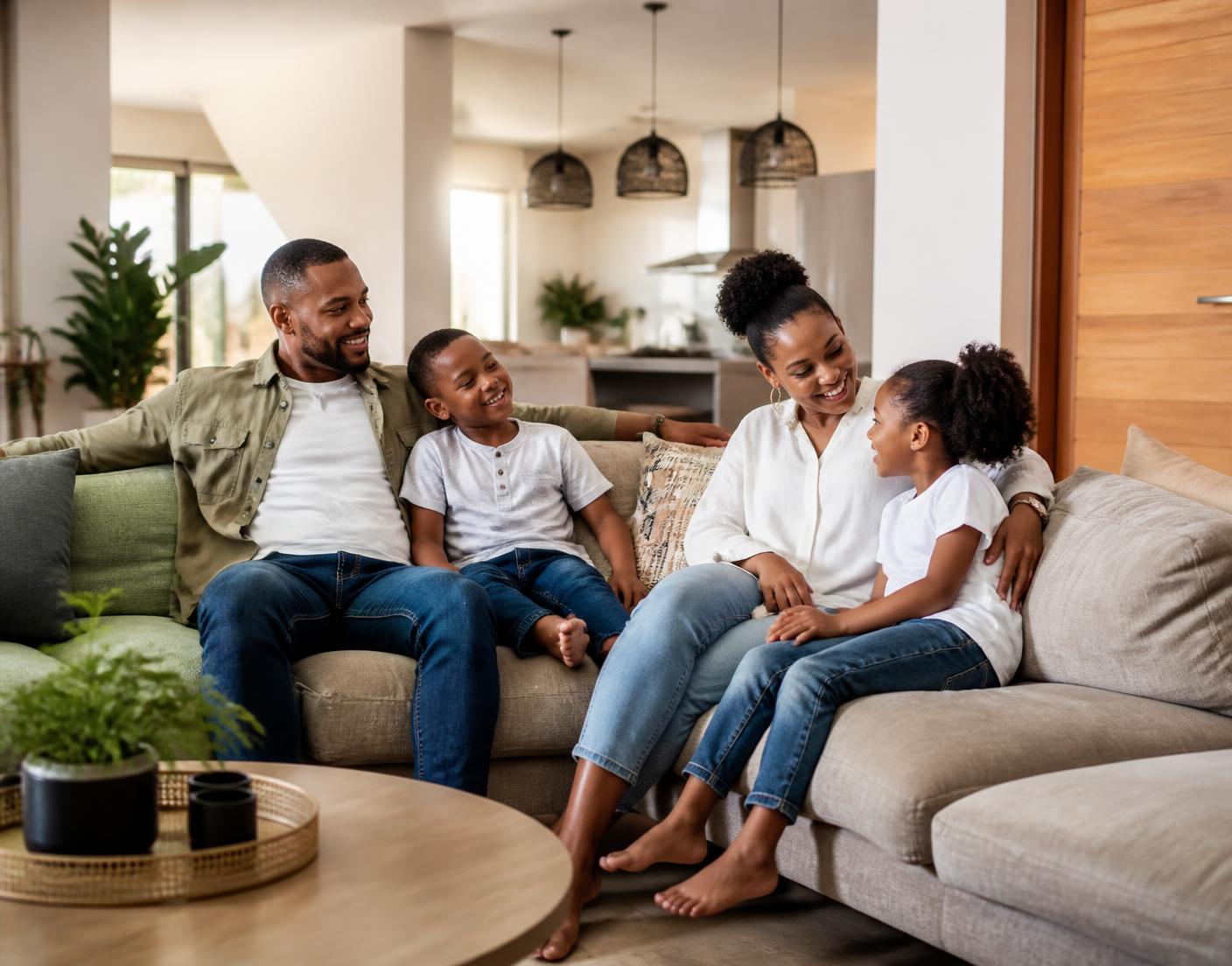 Família moçambicana numa sala de estar contemporânea